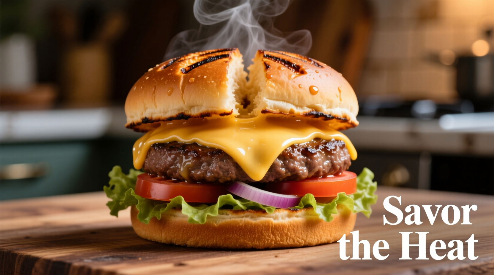 Juicy oven-baked burger with melted cheese on toasted bun