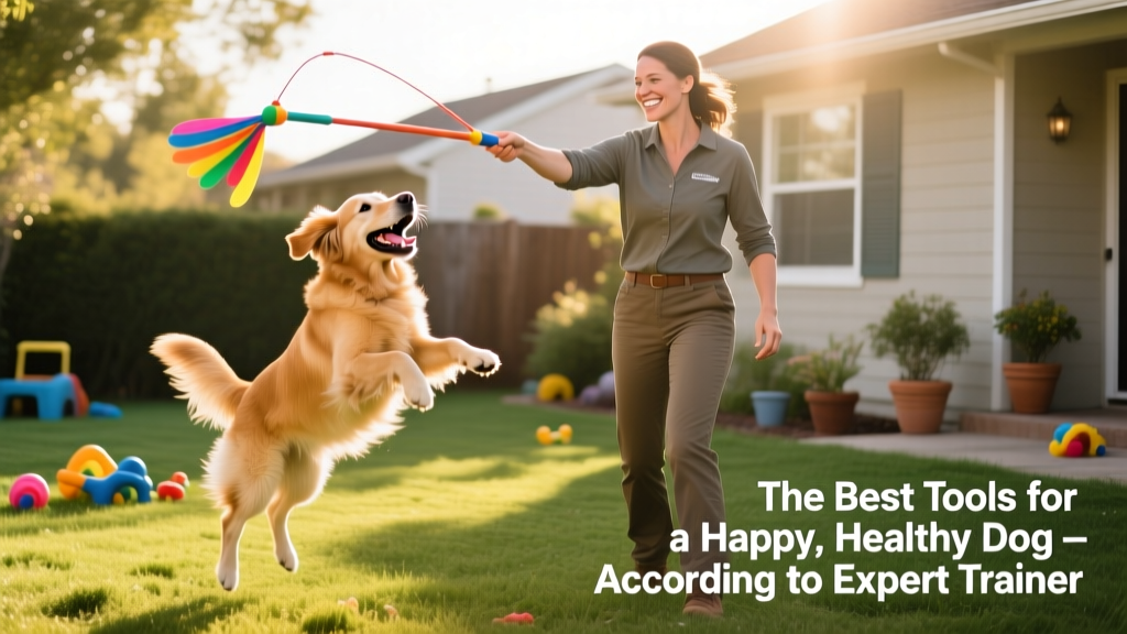Person gently guiding a flirt pole toy as a dog leaps playfully toward the lure
