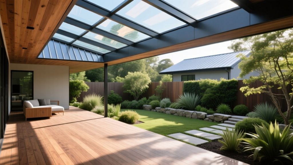 Modern covered wooden deck featuring a standing seam metal roof and polycarbonate skylight panels overlooking a landscaped backyard
