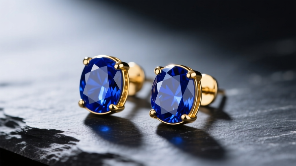Close-up of royal blue lapis lazuli stud earrings in 14k gold bezels on dark slate with soft directional lighting.