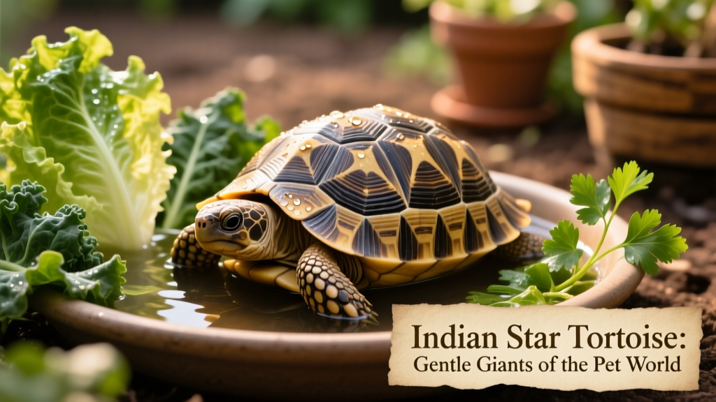 Shallow water dish with an Indian star tortoise soaking, surrounded by leafy greens