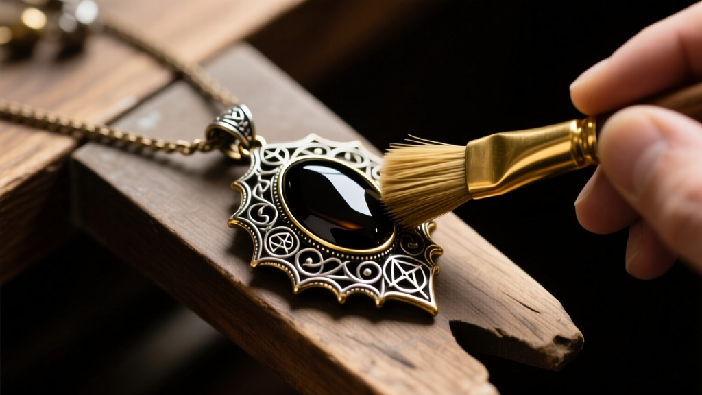 Jewelers bench showing a dark gothic vampire-style pendant being polished with a brass brush to reveal antique silver highlights