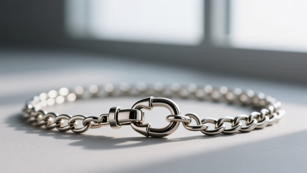 Close-up of a secure lobster clasp and a thick pendant bail threading smoothly onto an 18-gauge stainless steel figaro chain link.