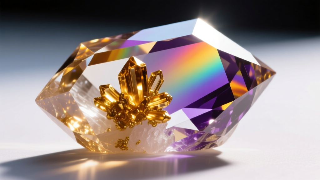 Macro shot of natural rainbow lattice quartz showing internal golden goethite inclusions, faceted cut, bright natural sunlight.
