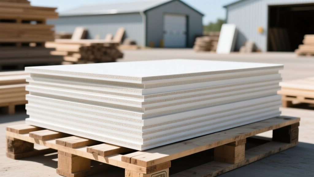 Stacks of precisely cut half-inch and five-eighth-inch gypsum boards with tapered edges resting on pallets in a lumber yard