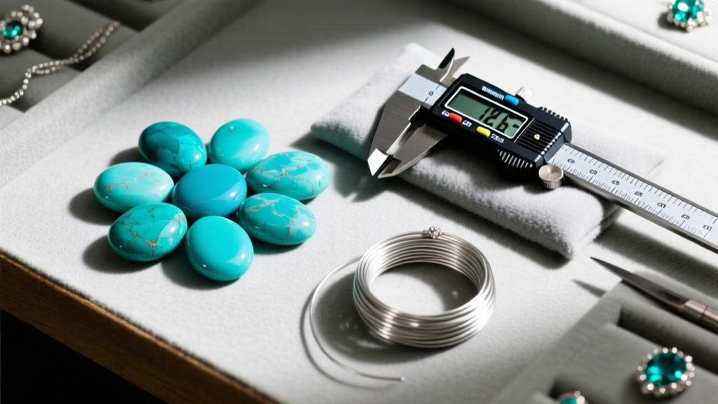 Overhead view of a jeweler bench showing turquoise cabochons, digital calipers, and sterling silver wire for crafting chokers.