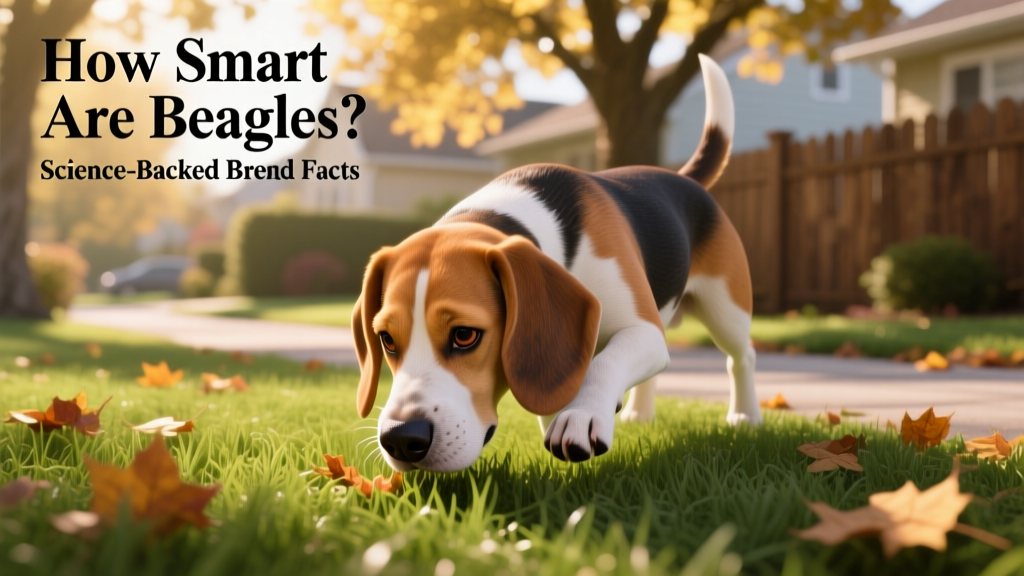A curious Beagle sniffing intently at ground level, nose deep in grass