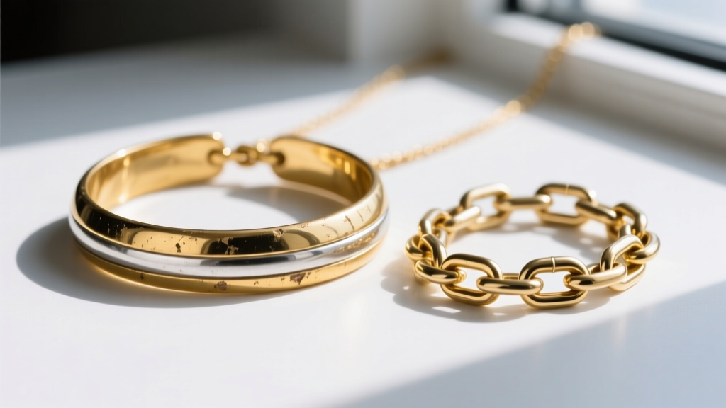 Macro shot of a worn gold vermeil necklace revealing silver beneath next to a pristine PVD gold plated stainless steel chain link