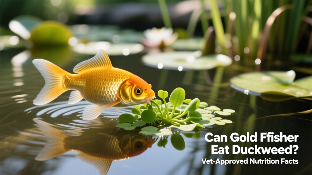 Goldfish gently grazing on a cluster of duckweed at the water's surface