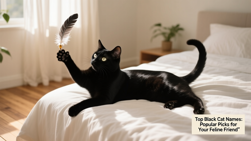 A black cat laying on a bed, playing with a small feathered cat toy