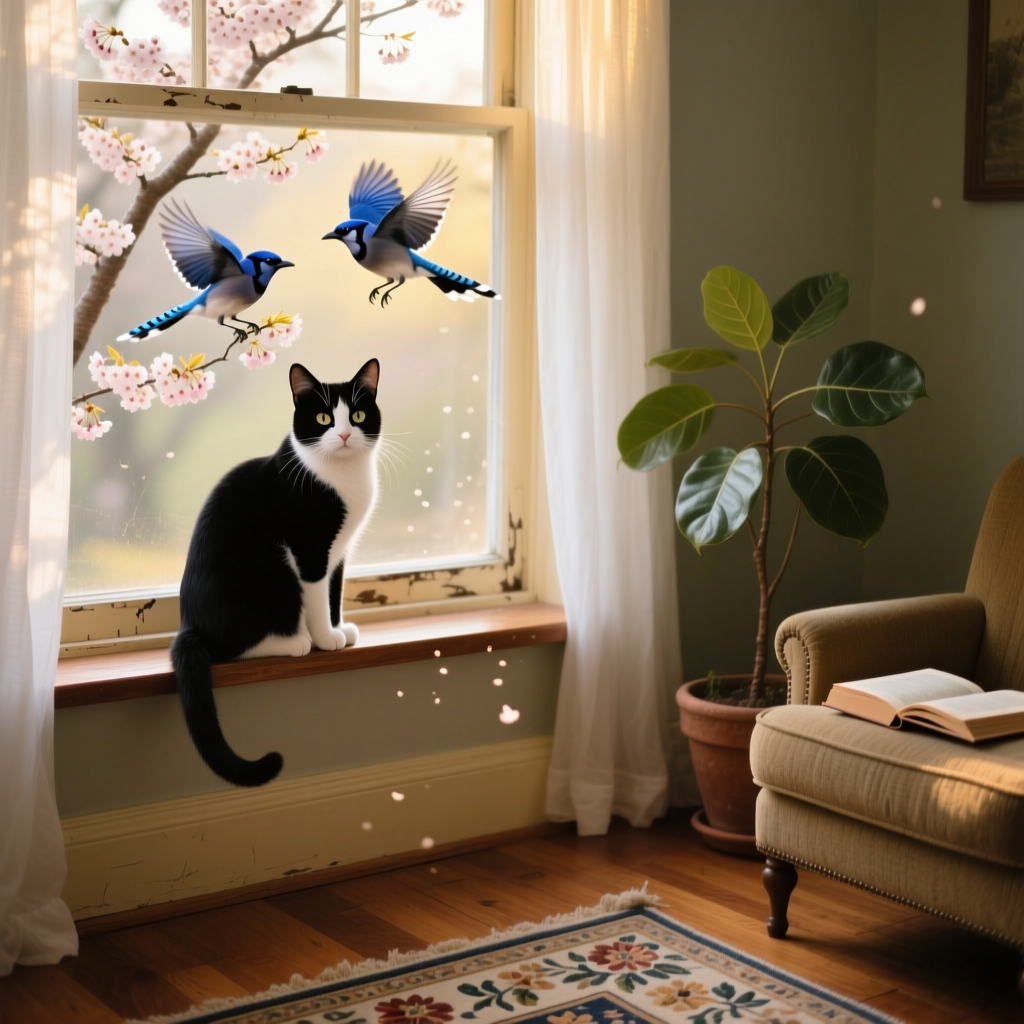 A cat watching birds from a window