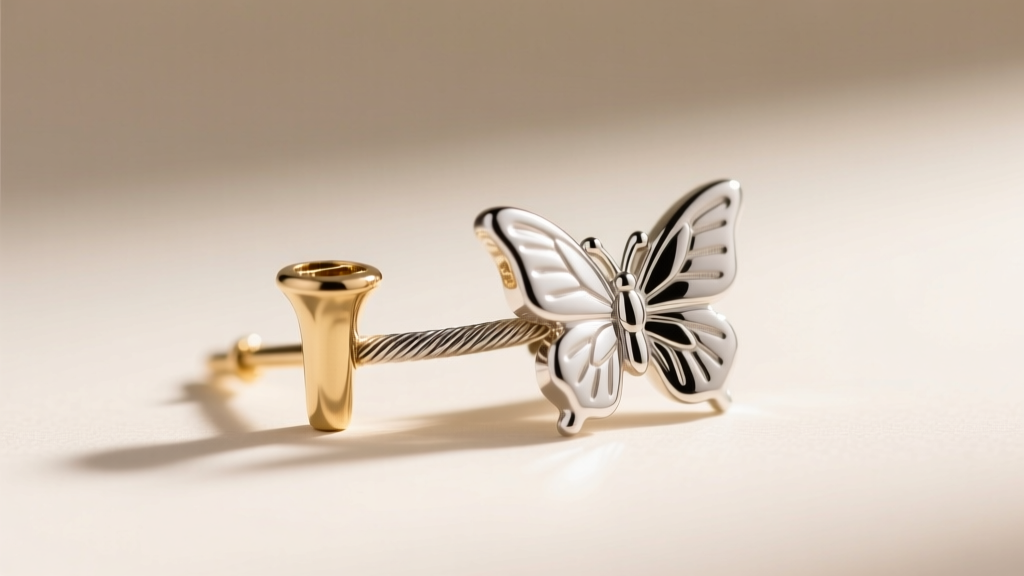 Macro photography of a 14k white gold earring post and butterfly clutch, highlighting the rhodium plating and thick 20-gauge wire.