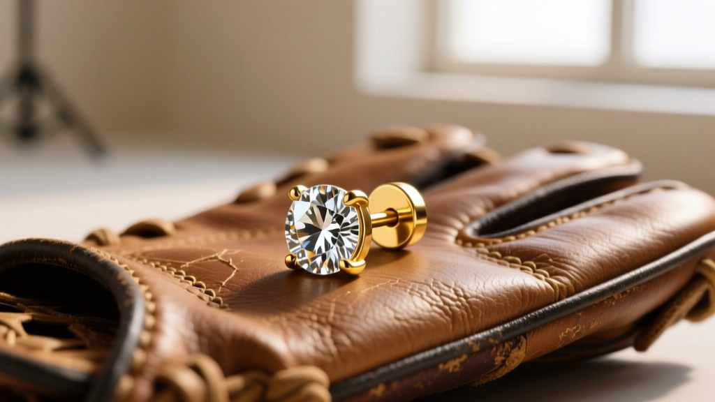 Macro shot of a 14k solid gold threadless flat-back earring with a bezel-set diamond, resting on a textured leather lacrosse glove