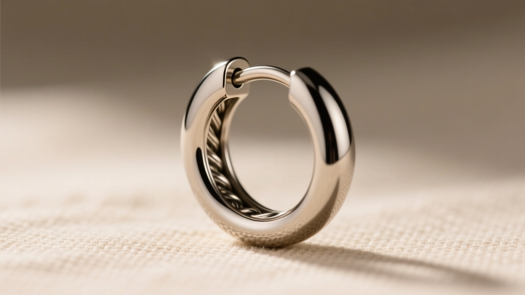 Macro shot of a 16-gauge titanium SAL huggie earring, highlighting its internal threading and seamless clicker closure mechanism.