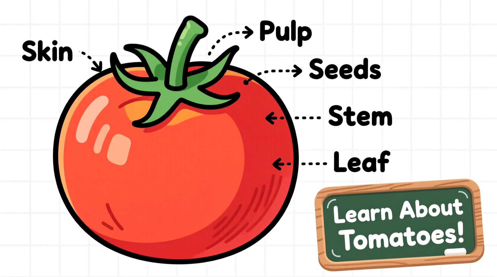 Child coloring tomato worksheet with educational labels