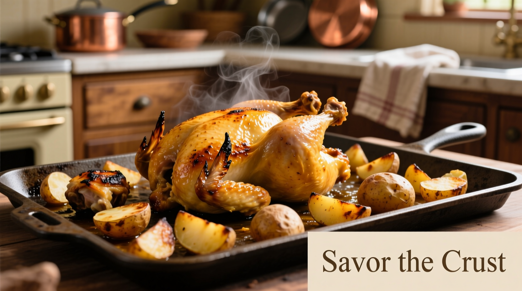 Golden roasted chicken and potatoes on baking sheet