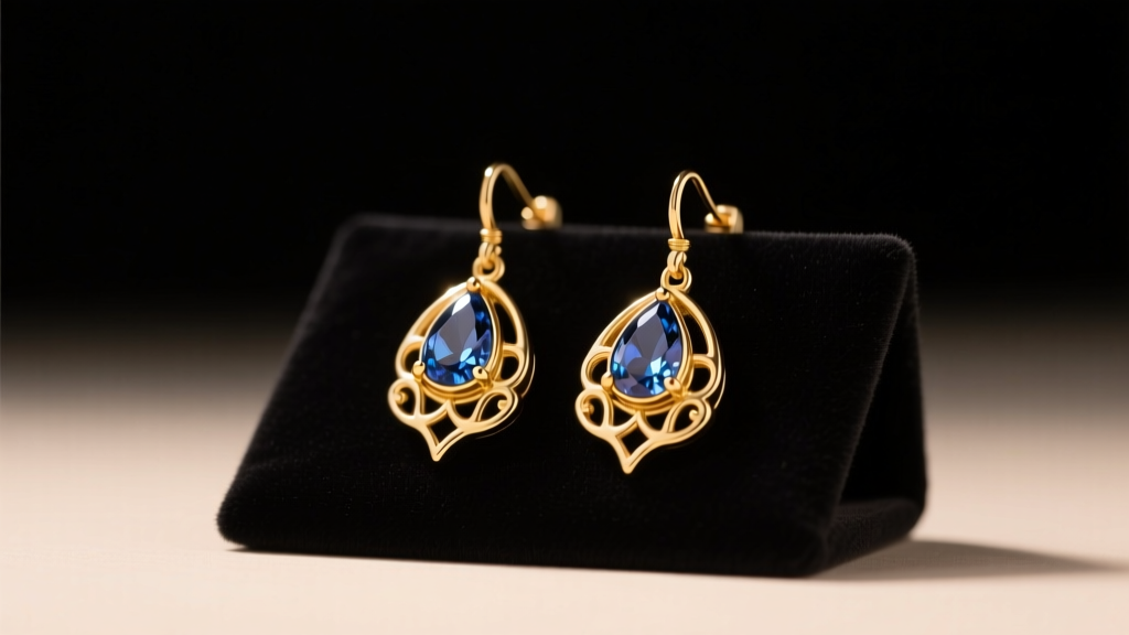 Gold and sapphire drop earrings inspired by Princess Zelda resting on a dark velvet display pad under soft, warm studio lighting.