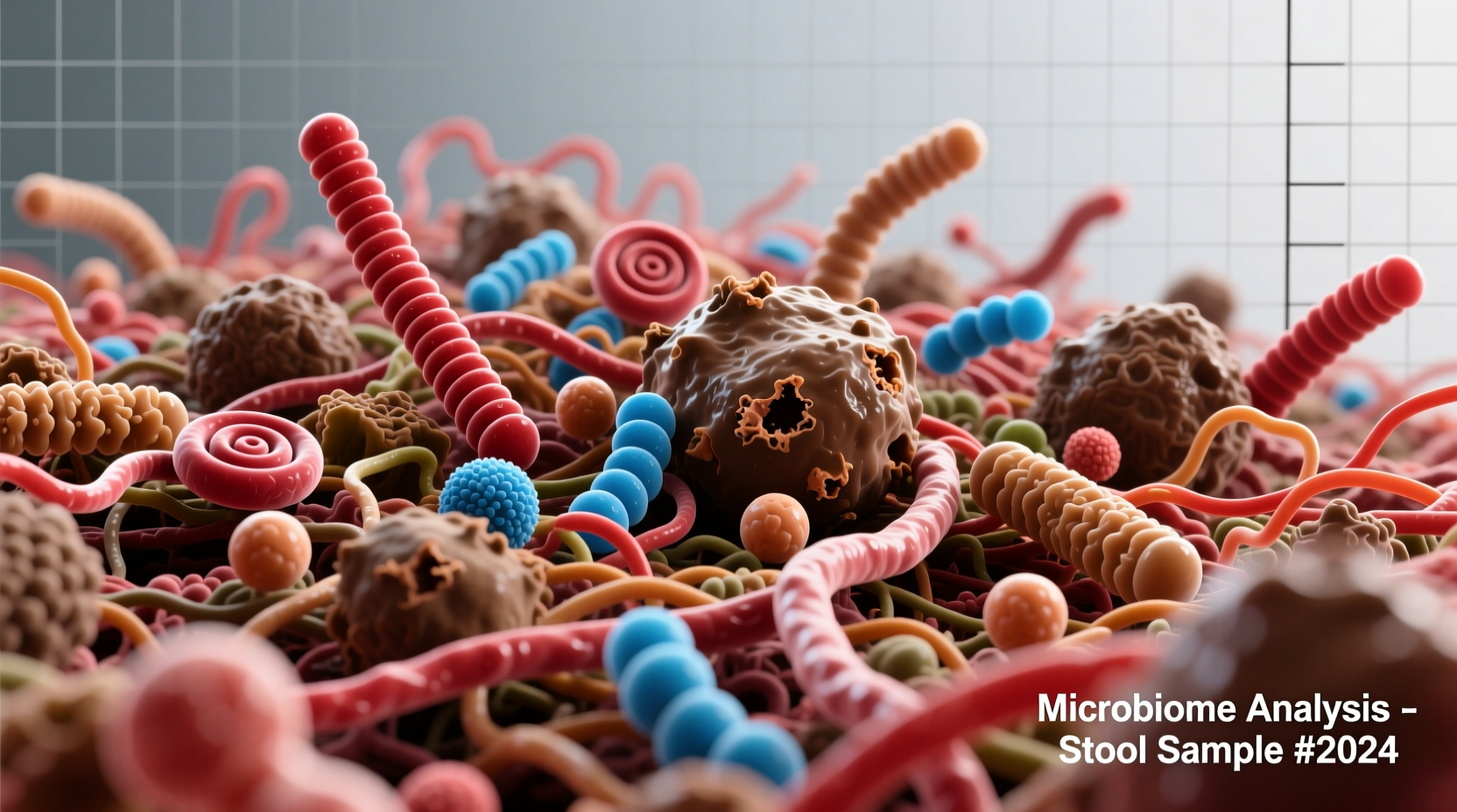 Microscopic view of stool composition showing bacteria and fibers