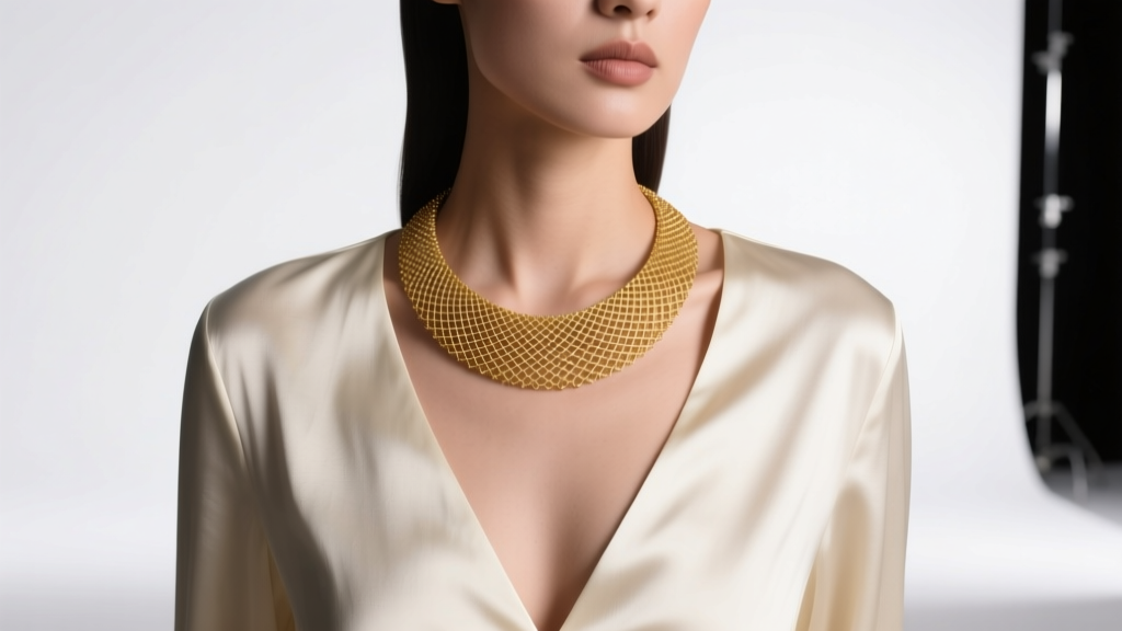 Editorial shot of a model wearing an 18-inch 14k gold micro-mesh necklace on a deep V-neck silk blouse, soft studio lighting