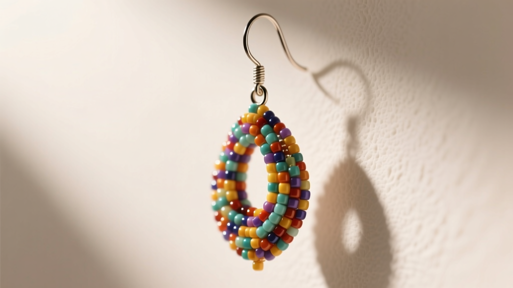 Macro shot of a finished peyote-stitch beaded dangle earring hanging from a niobium ear wire under soft natural lighting