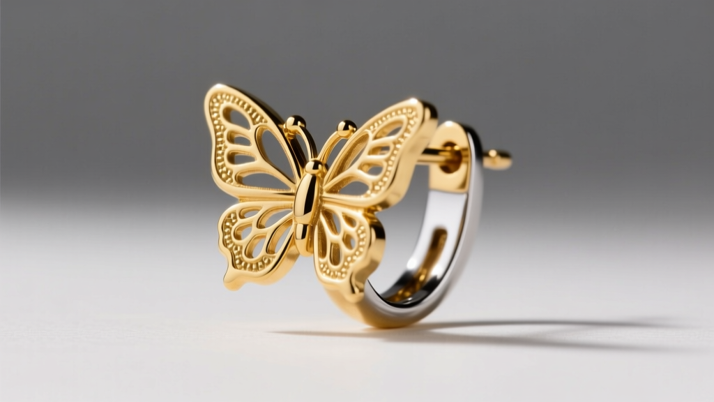 Macro shot of an 18k gold-plated brass Elizabeth Cole earring post and butterfly clutch, highlighting the surgical steel backing.