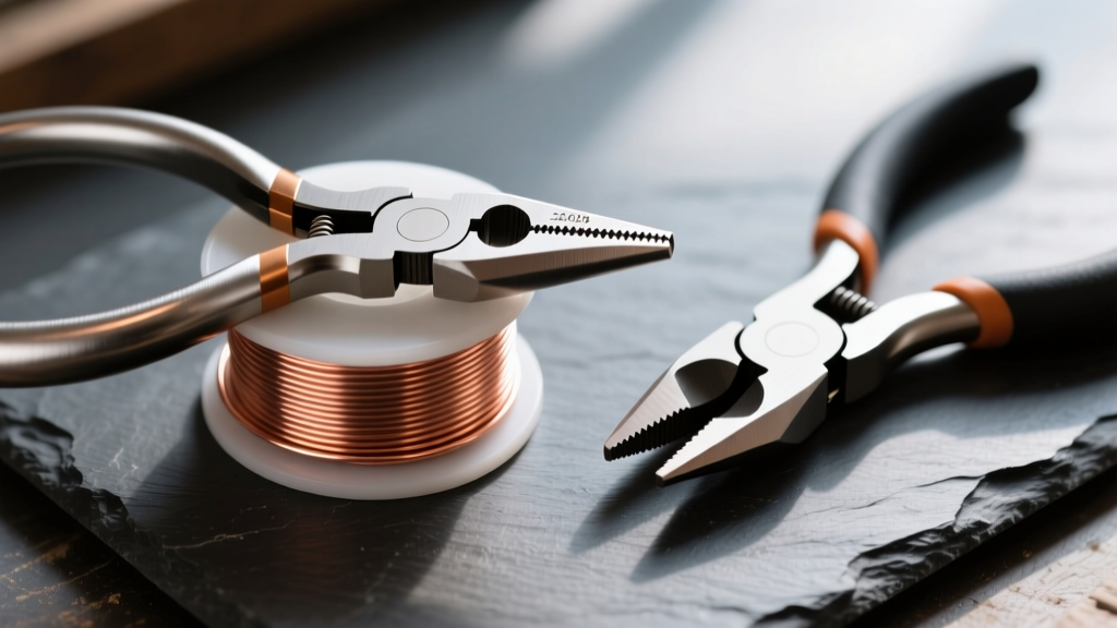 Overhead view of tapered round nose pliers resting on coiled 20-gauge copper wire and flush cutters on a dark slate workbench
