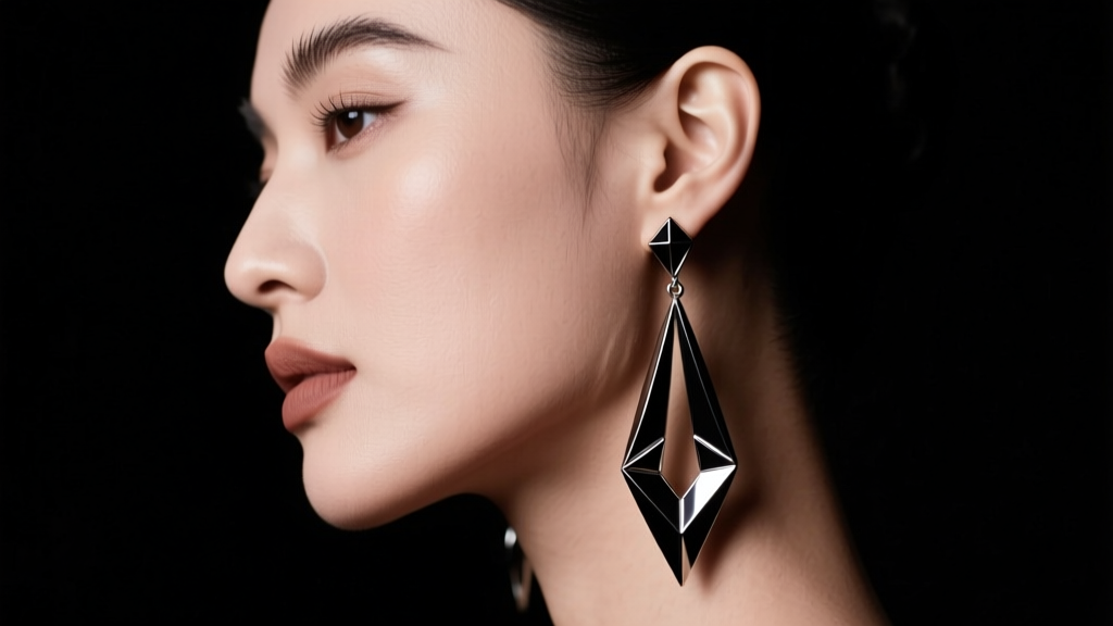 Close-up of a woman wearing dramatic long black PVD titanium drop earrings, side profile, studio lighting, elegant dark aesthetic.
