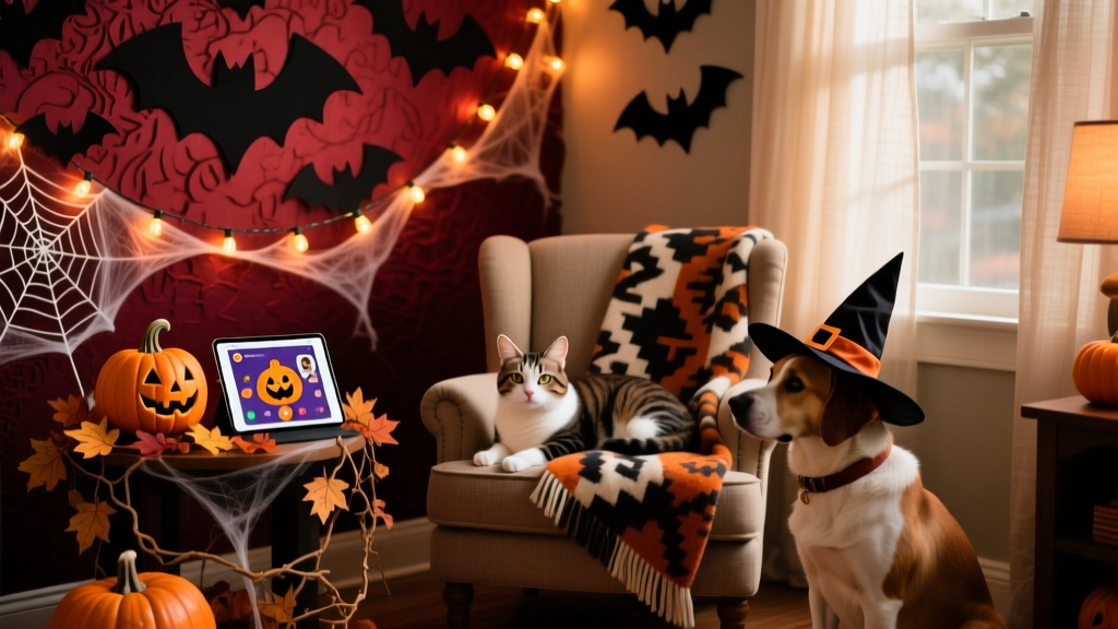 A cozy, decorated home corner set up for a virtual Halloween party: festive backdrop with bat cutouts, string lights, and a small pumpkin centerpiece