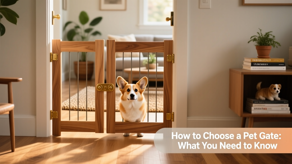 A stylish wooden pet gate installed in a home doorway, blending seamlessly with interior decor