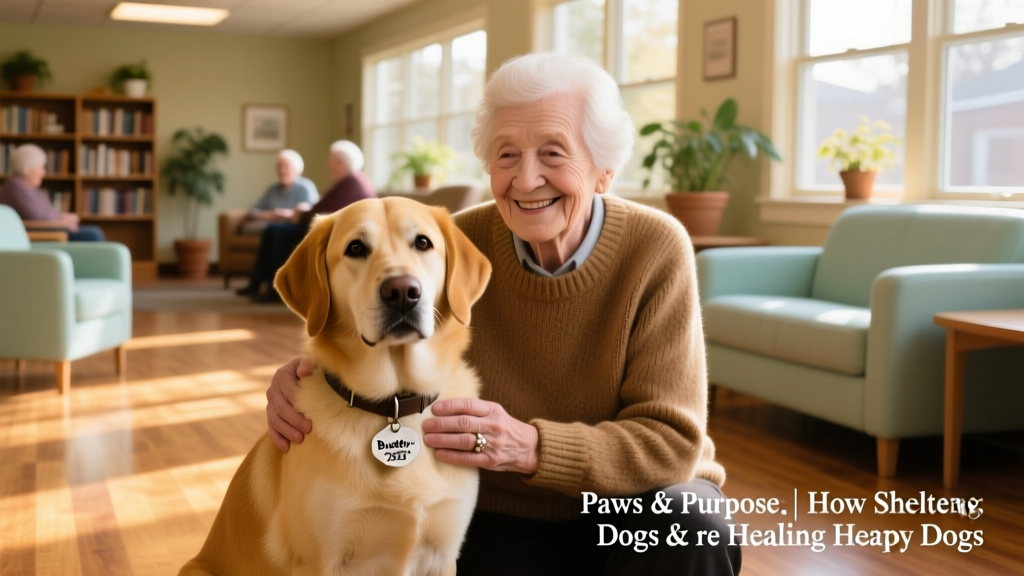 A calm, friendly shelter dog interacting gently with an older adult in a sunlit senior living common area