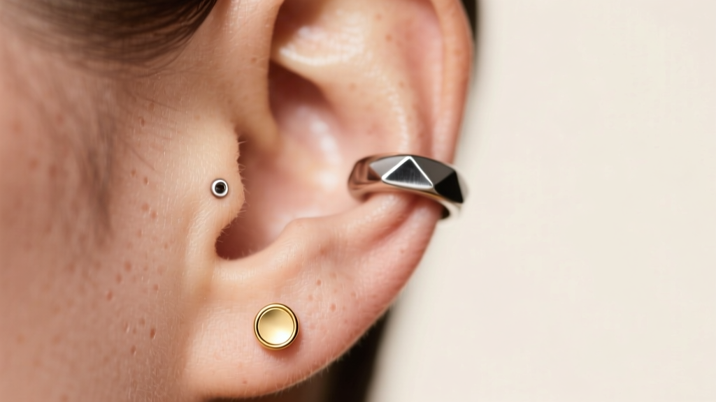 Close-up of a curated ear featuring a 16-gauge titanium helix hoop and a 14k gold lobe stud under soft, warm studio lighting.