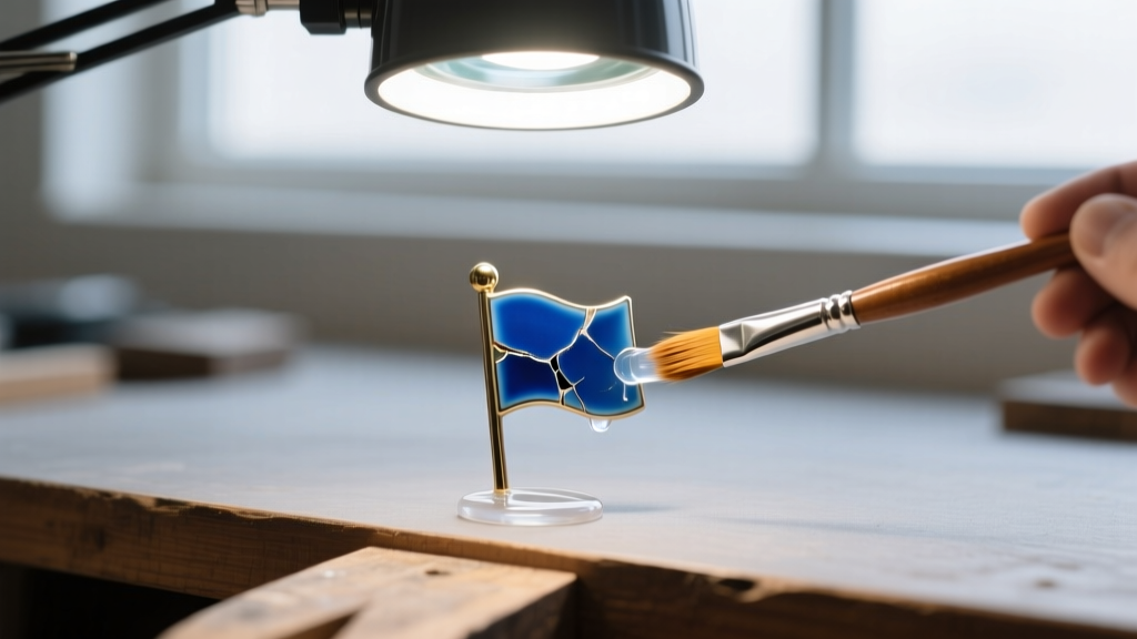 Workbench showing a small brush applying clear epoxy resin to a chipped blue enamel flag pendant under a bright magnifying lamp