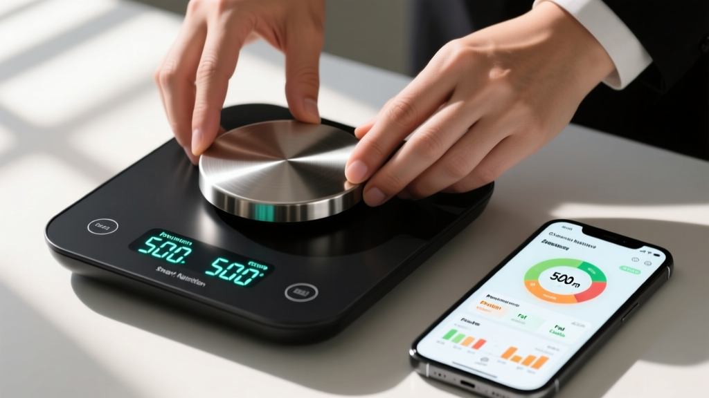 Close-up of hands placing a 500 gram stainless steel calibration weight onto a sleek black digital smart nutrition scale next to a smartphone displaying macro data