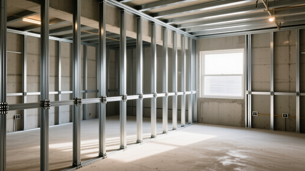 Galvanized steel studs and tracks secured to a concrete basement floor with powder-actuated fasteners in a brightly lit renovation space