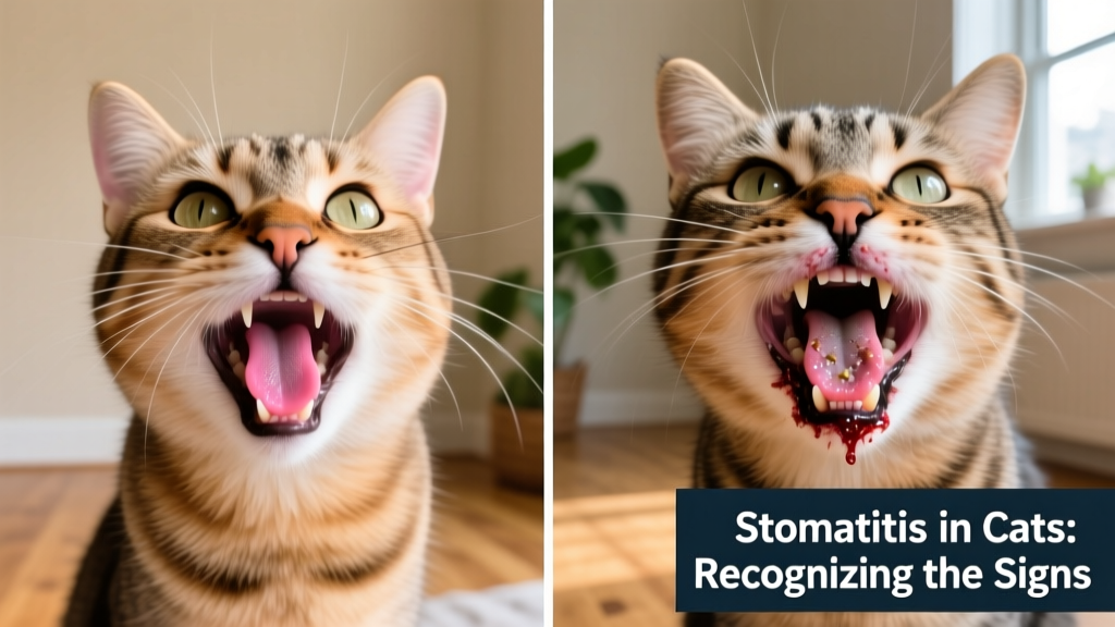 Side-by-side comparison: healthy pink cat gums versus severely inflamed, ulcerated gums in a cat with stomatitis