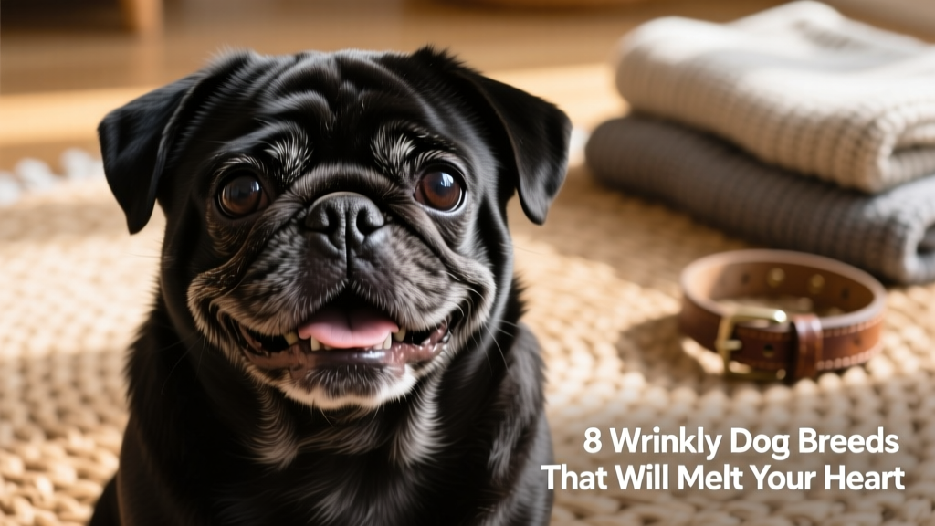 A close-up portrait of a Pug with prominent forehead wrinkles, large dark eyes, and a joyful, slightly open-mouthed expression