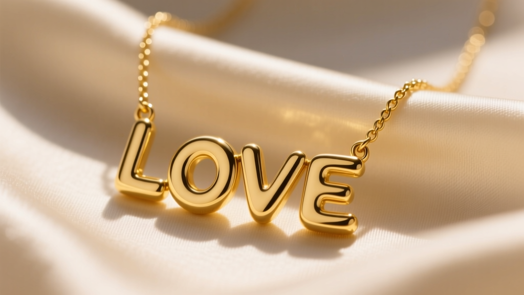 Close-up of a 14k solid yellow gold bubble letter necklace spelling LOVE resting on beige silk fabric with soft directional lighting