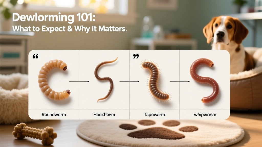 Side-by-side comparison of common dog worm types: roundworm, hookworm, tapeworm segment, and whipworm under microscope