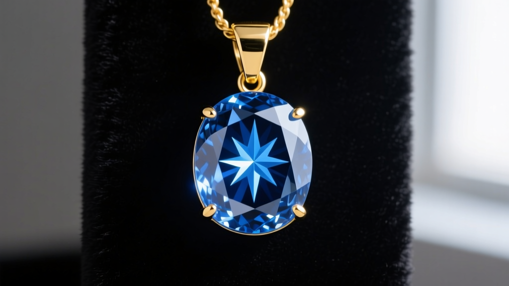 Close-up of semi-transparent blue star sapphire cabochon pendant in 18k gold, showing sharp 6-ray asterism on dark velvet.