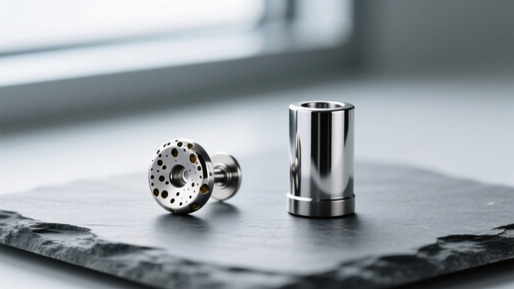 Macro photo comparing a pitted nickel-alloy earring post with a mirror-polished ASTM F-136 titanium post resting on a grey slate