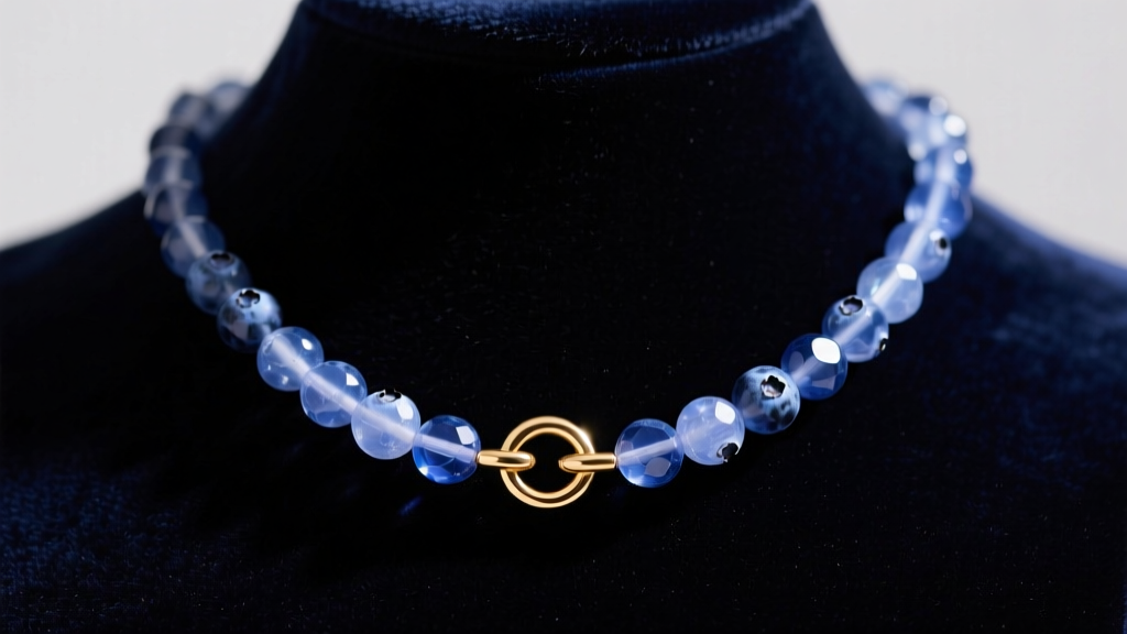 A 12mm blueberry quartz beaded necklace with a brass toggle clasp on a dark velvet bust under soft studio lighting.