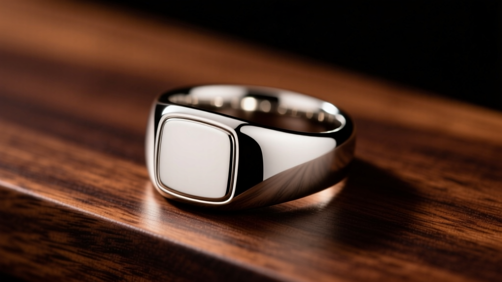 Close-up of a heavy mens platinum signet ring on dark walnut wood, illuminated by warm studio lighting, showing polished edges.