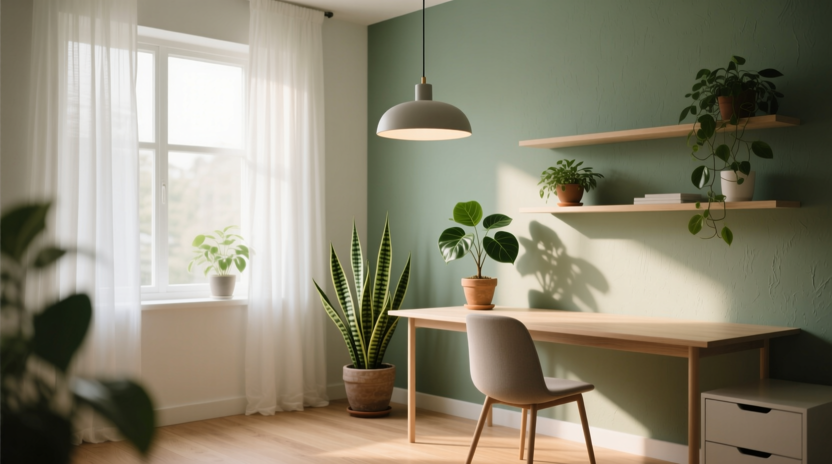 how to create a calming workspace using lighting and plant placement