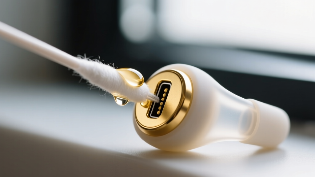 Macro shot of a cotton swab cleaning the gold charging contacts inside a silicone audio ear cuff using isopropyl alcohol.