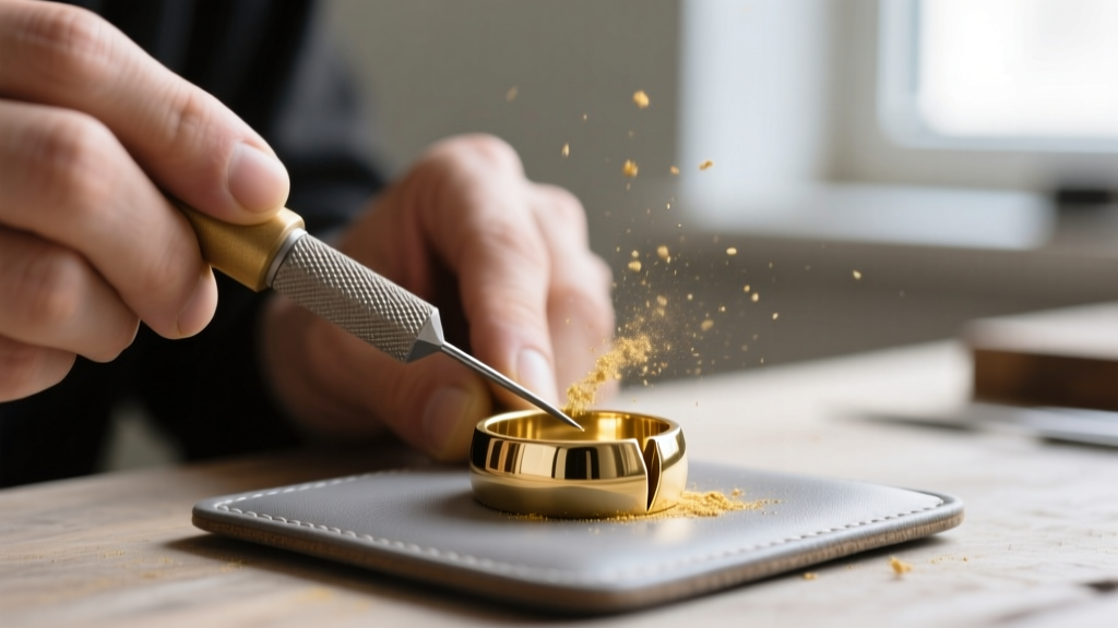 Jeweler using a needle file to cut a deep notch into a thick gold electroplated brass ring before applying a drop of testing acid.