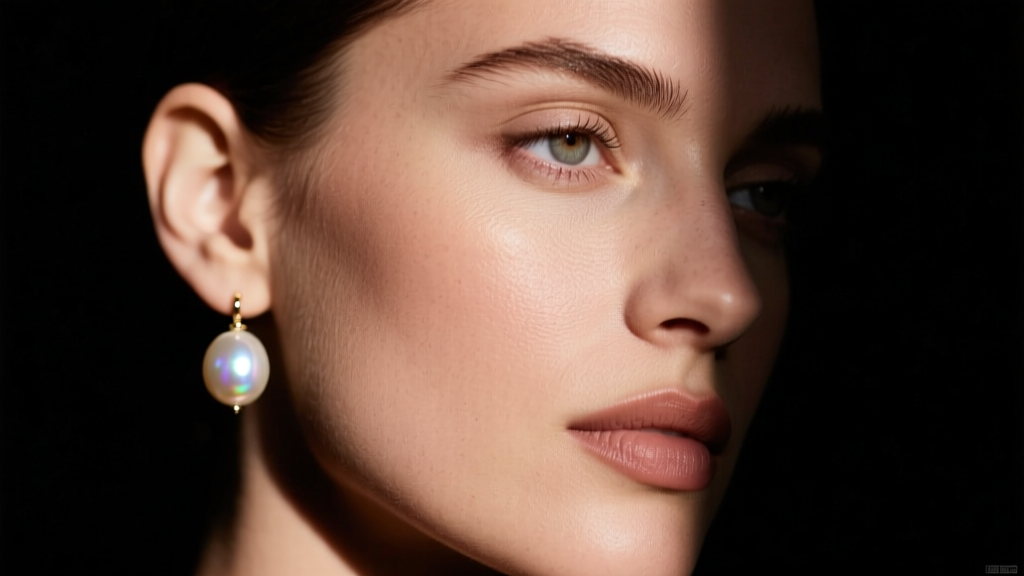 Portrait of a model wearing a single 15mm baroque pearl drop earring against a dark background with dramatic side lighting.