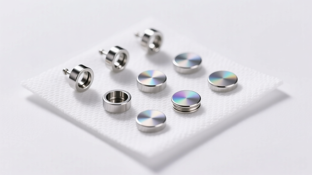 Flat lay of implant-grade titanium threadless earring ends and flat-back posts on sterile gauze, bright studio lighting, sharp