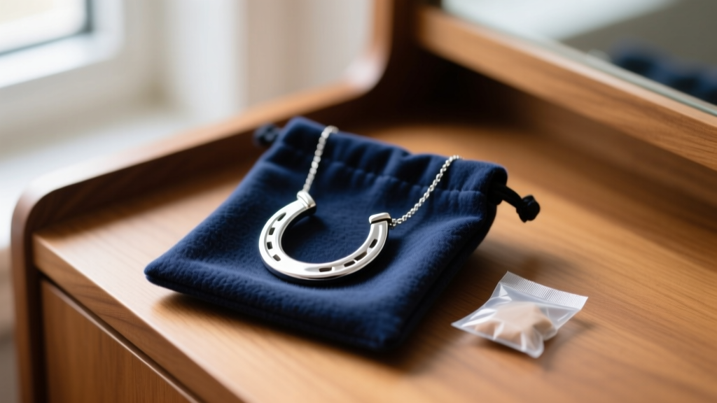 Polished silver horseshoe necklace resting inside a dark anti-tarnish flannel pouch next to a silica packet on a wooden vanity.