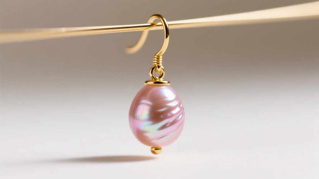 Macro shot of a baroque freshwater pink pearl drop earring on a 22-gauge gold French wire, highlighting natural surface ridges