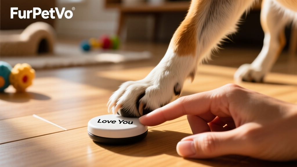 Close-up of a dog's paw gently pressing a FurPetVo button labeled 'Love You' while a human hand rests nearby